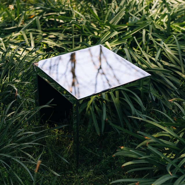 Reflective box in the grass
