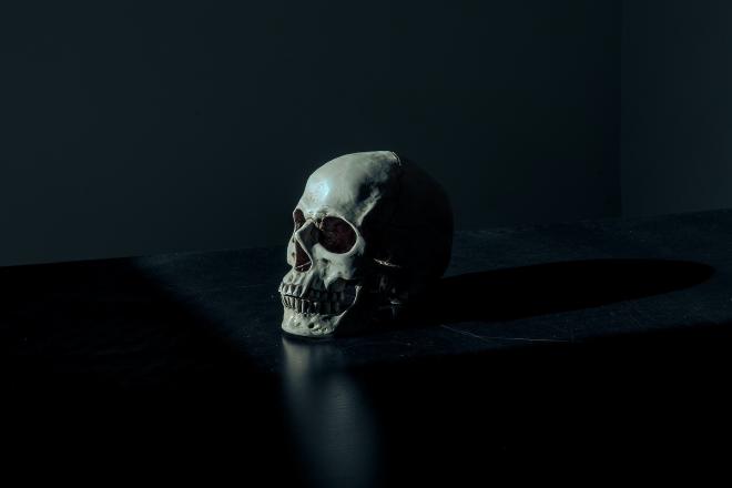 Human skull on a table in a dark room