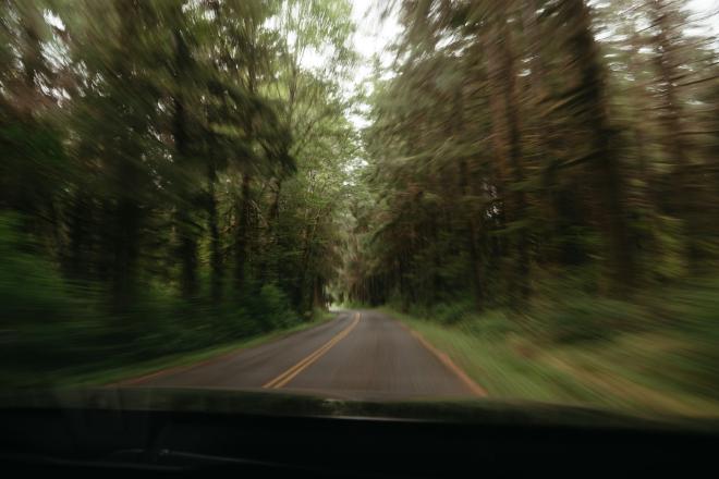 Motion blurred photo of a car driving down a forested road